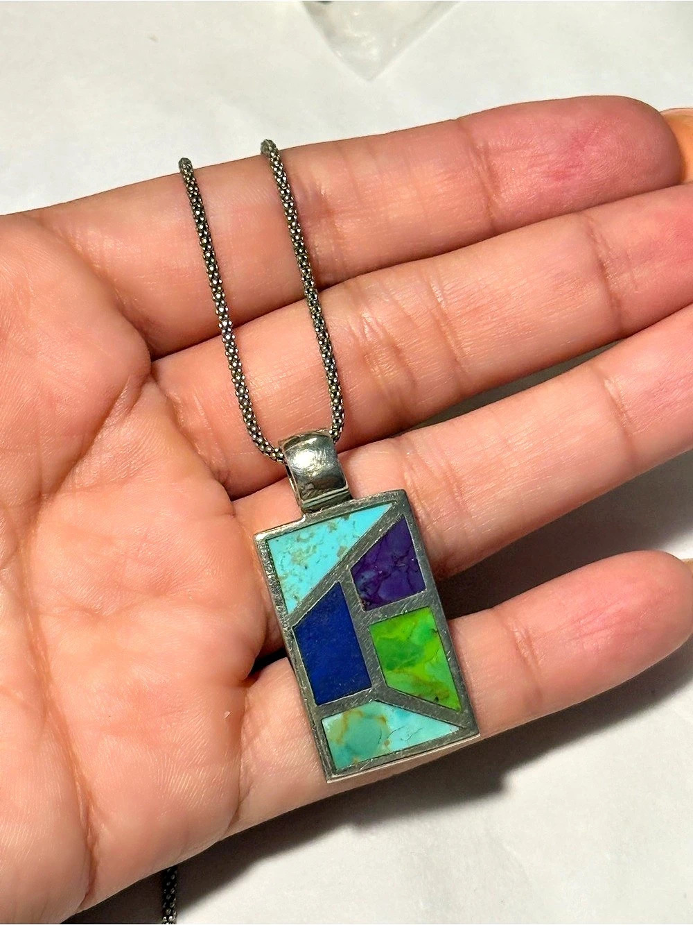 70s vintage Southwestern-style sterling silver rectangular pendant necklace